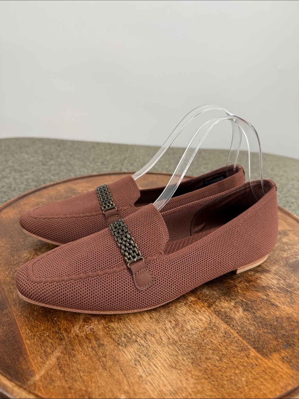Skechers Shoes Wm 6.5 Cleo Snip Cinnamon Brown Knit Slip-On Loafers Chain Flats
